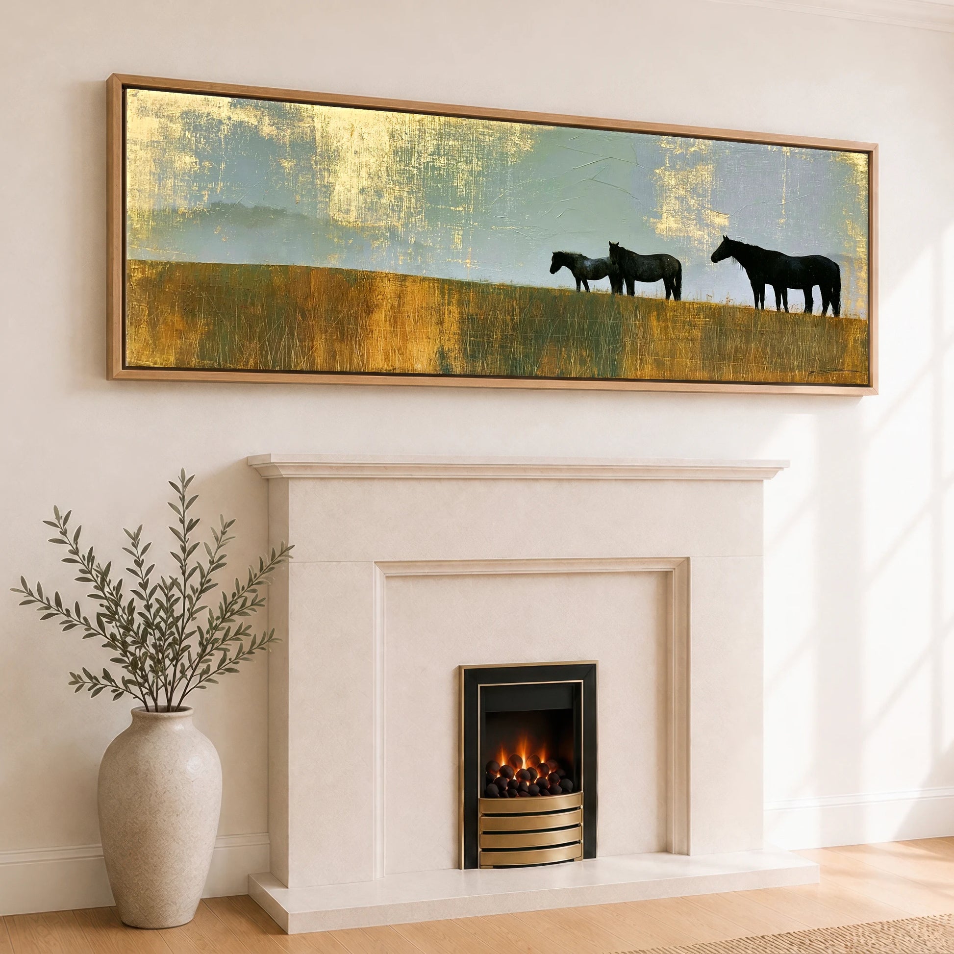 Gilded Horizon Horse Landscape panoramic canvas wall art displayed above a fireplace