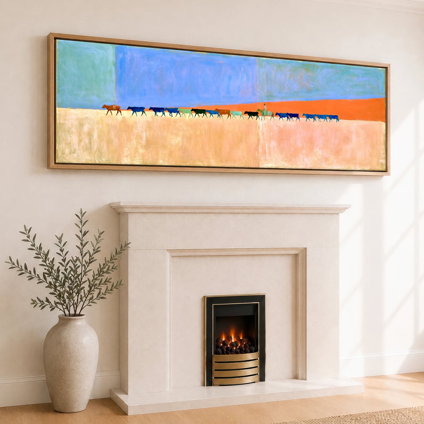 Painted Desert Drive Western Horse panoramic canvas wall art displayed above a fireplace