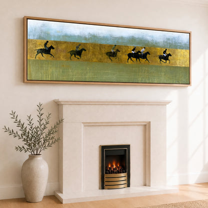 Gilded Pursuit Polo Horse panoramic canvas wall art displayed above a fireplace