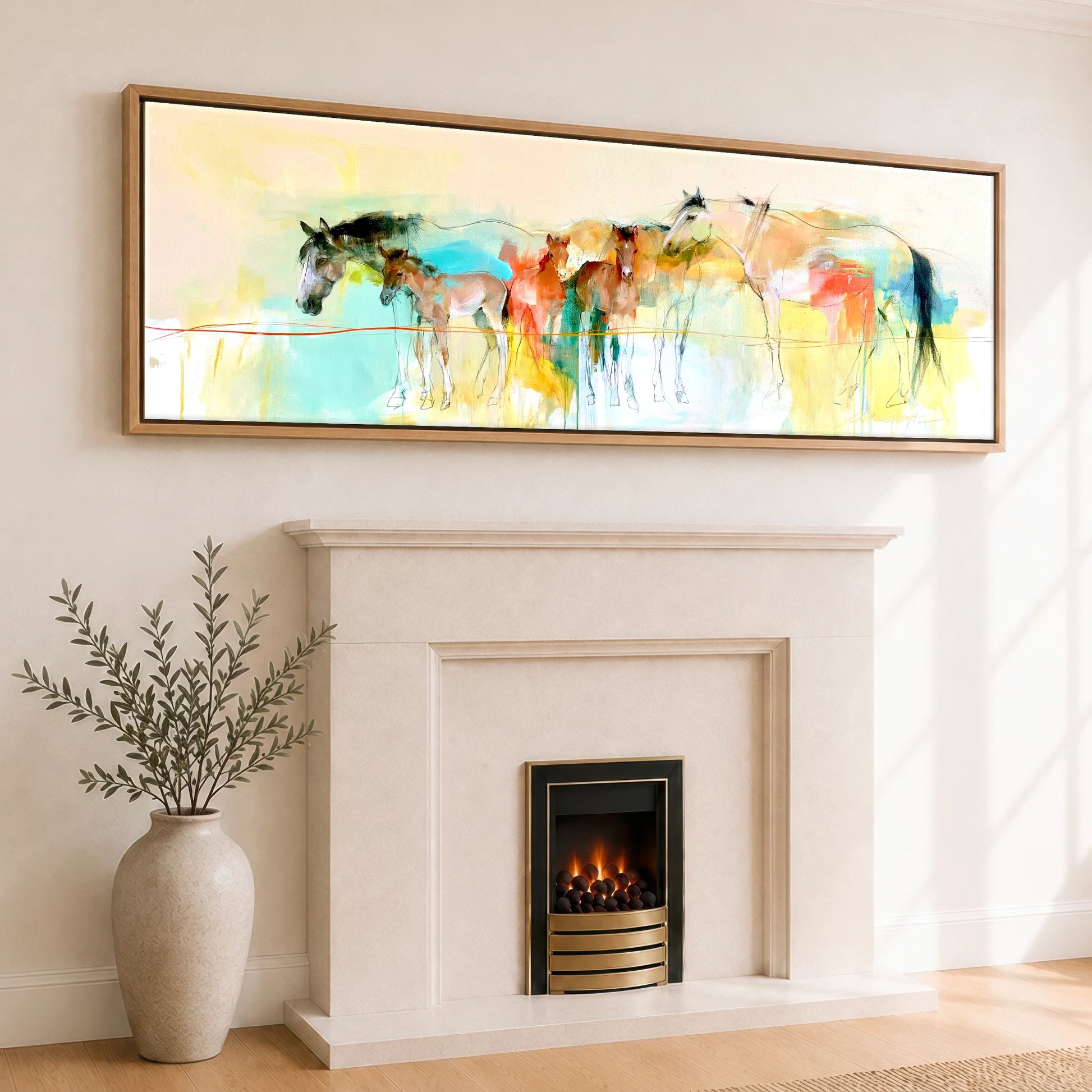 Vibrant Spring Herd Mare & Foal panoramic canvas wall art displayed above a fireplace