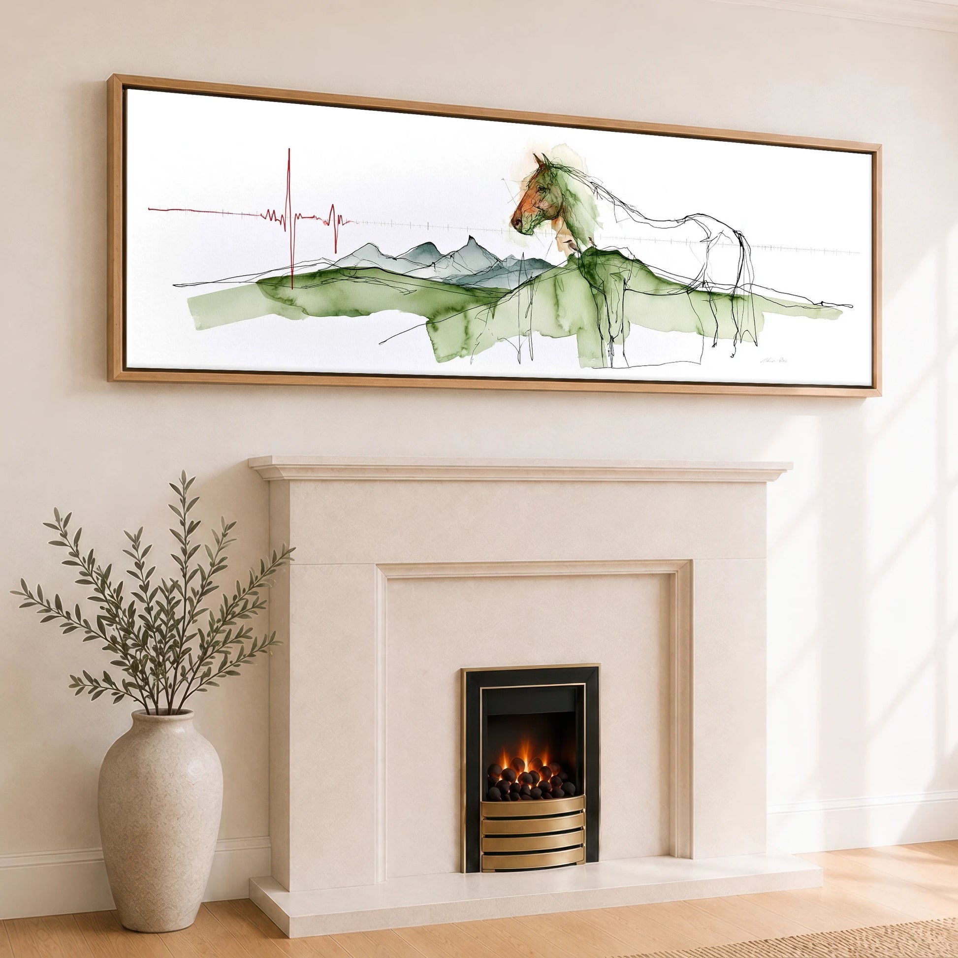Rhythm of the Land Horse Landscape panoramic canvas wall art displayed above a fireplace