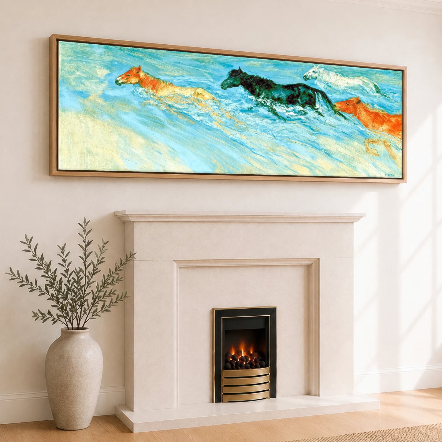 Vivid Surf Surge Beach Horse panoramic canvas wall art displayed above a fireplace