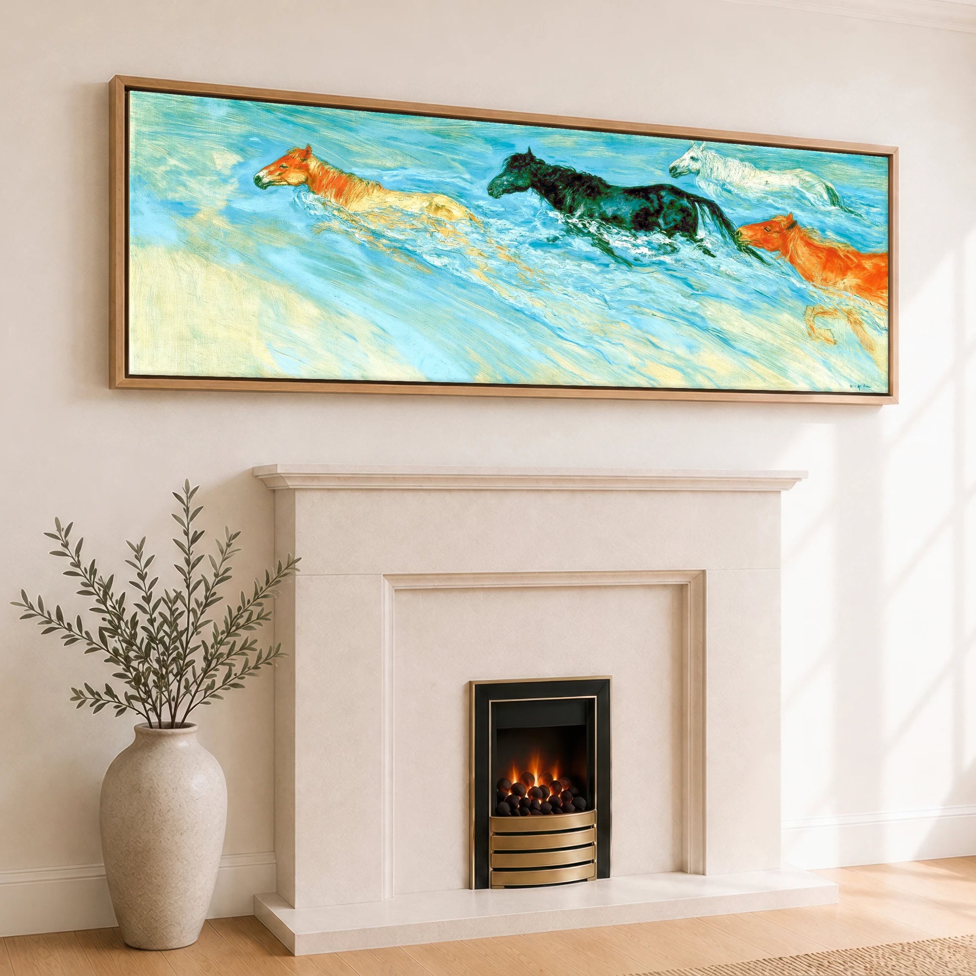 Vivid Surf Surge Beach Horse panoramic canvas wall art displayed above a fireplace