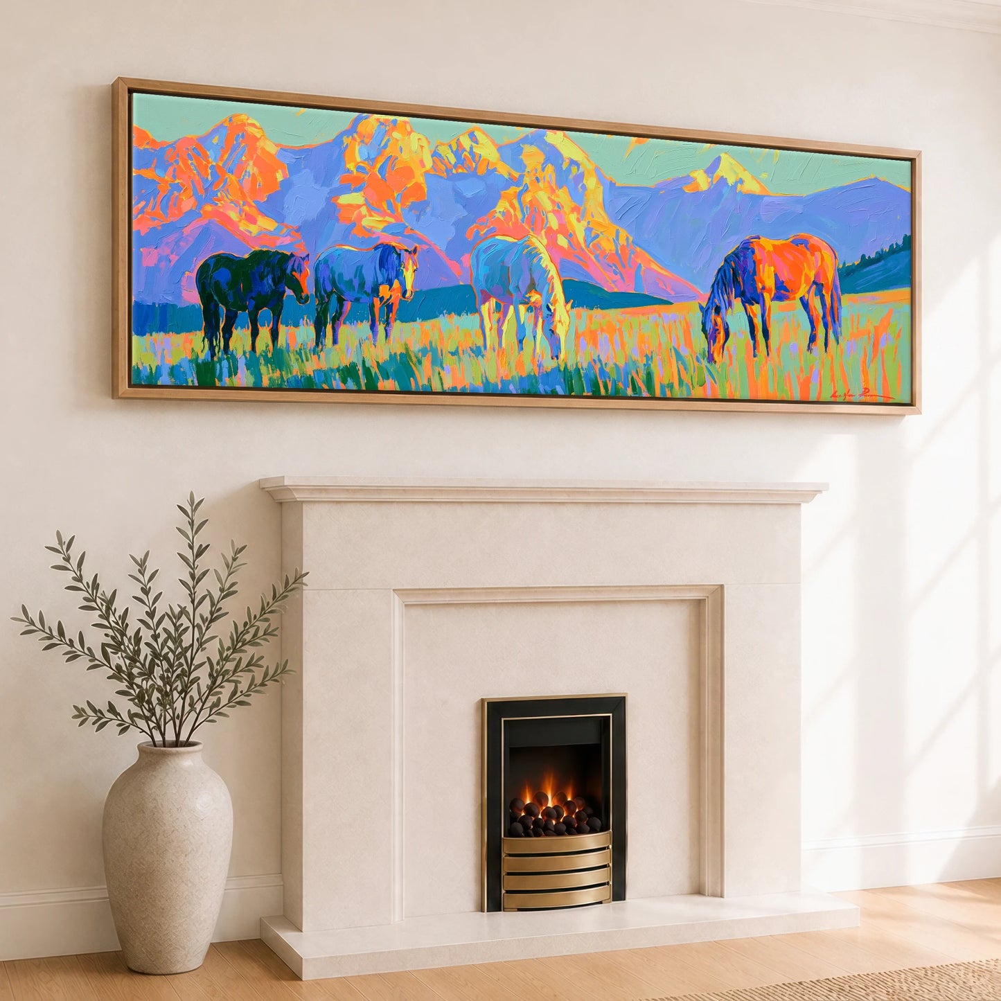 Painted Mountain Pasture Horse Landscape panoramic canvas wall art displayed above a fireplace