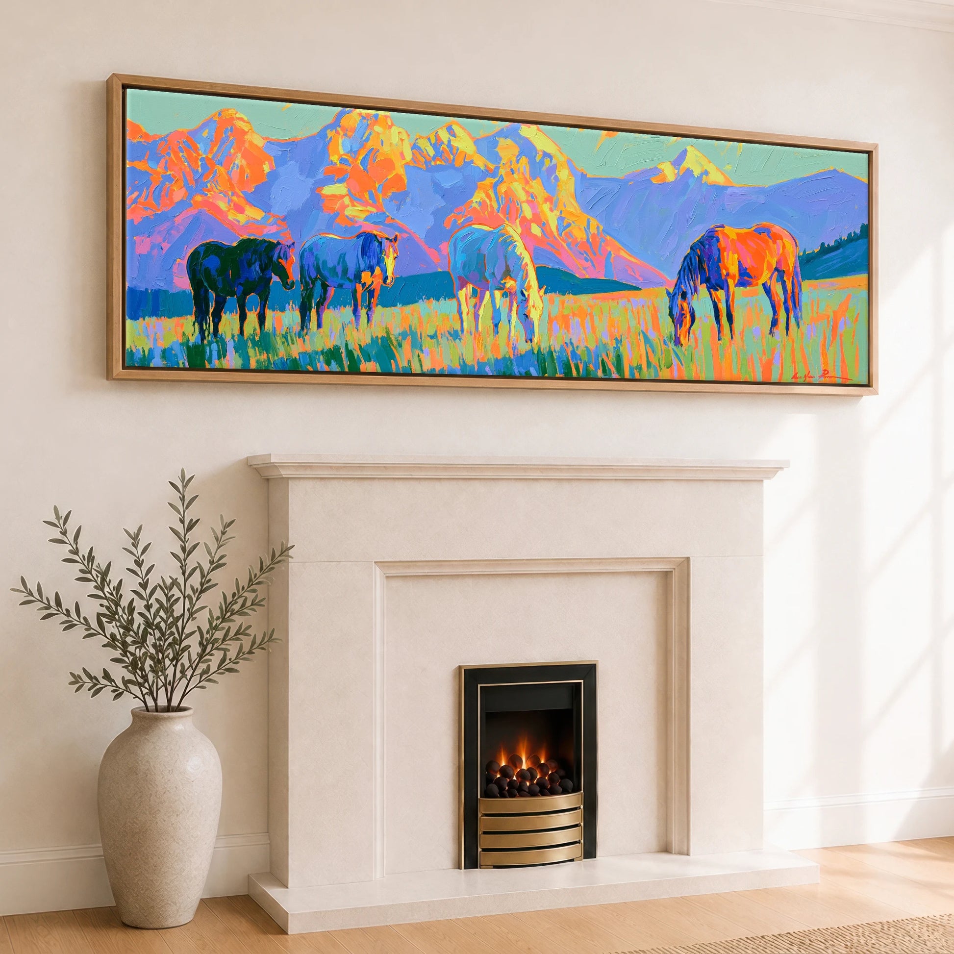 Painted Mountain Pasture Horse Landscape panoramic canvas wall art displayed above a fireplace