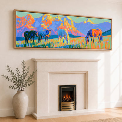 Painted Mountain Pasture Horse Landscape panoramic canvas wall art displayed above a fireplace