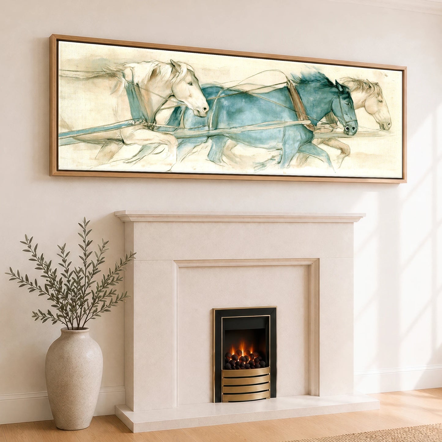 Harnessed Momentum Working Horse panoramic canvas wall art displayed above a fireplace