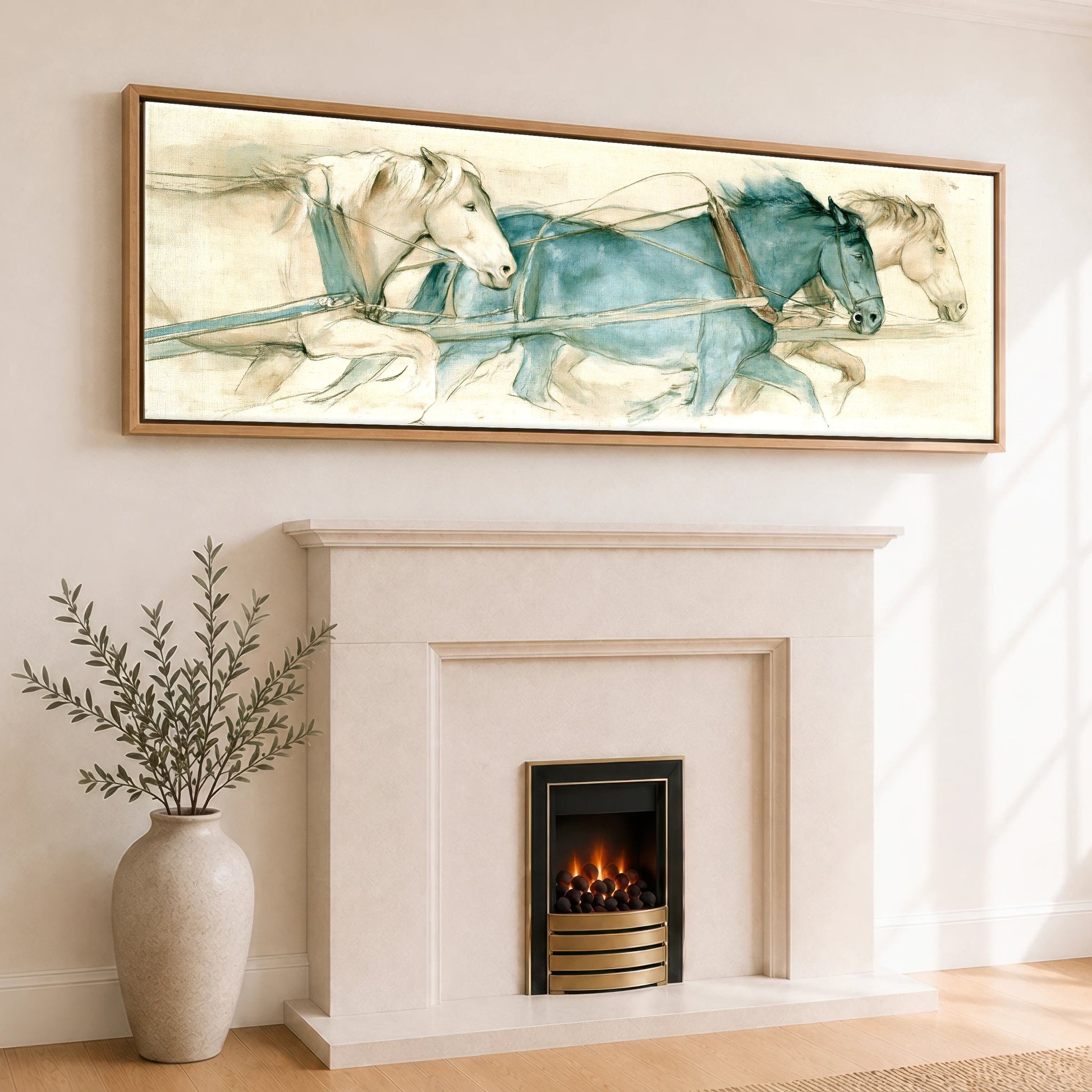 Harnessed Momentum Working Horse panoramic canvas wall art displayed above a fireplace