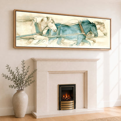 Harnessed Momentum Working Horse panoramic canvas wall art displayed above a fireplace