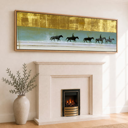 Gilded Shallows Beach Horse panoramic canvas wall art displayed above a fireplace
