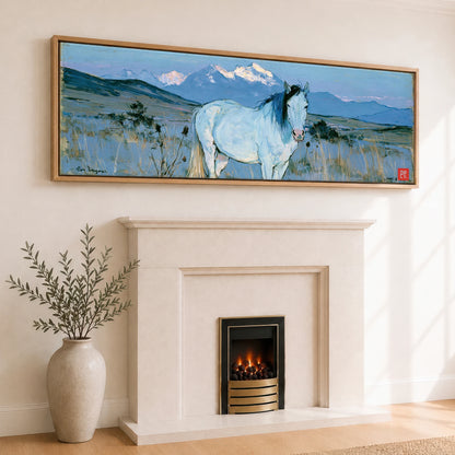 High Country Sentinel Horse Landscape panoramic canvas wall art displayed above a fireplace