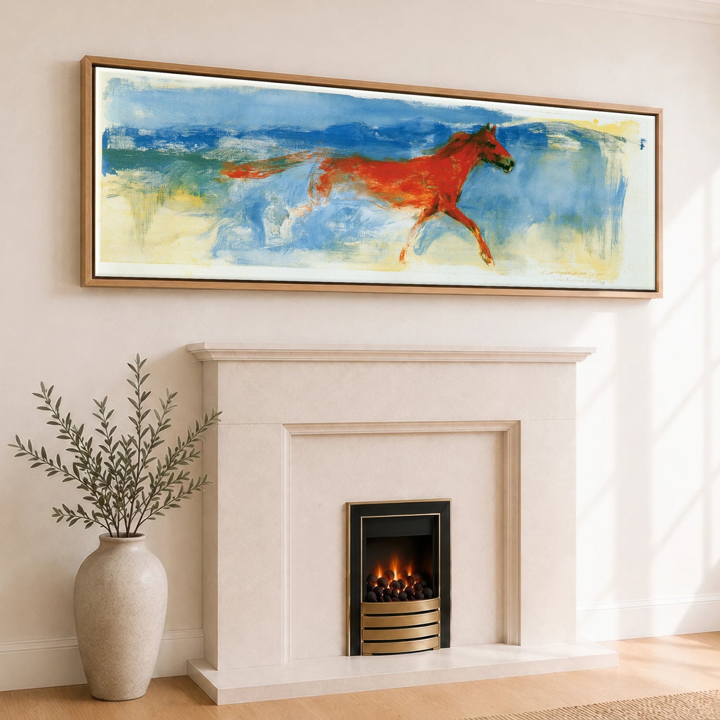 Cobalt and Crimson Canter Horse Landscape panoramic canvas wall art displayed above a fireplace