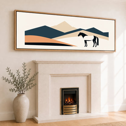 Geometric Equine Horizon Horse Landscape panoramic canvas wall art displayed above a fireplace