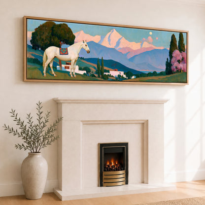 Valley of Dreams Horse Landscape panoramic canvas wall art displayed above a fireplace