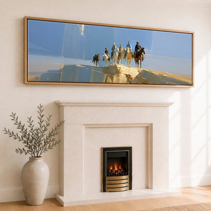 Cresting the Ridge Horse & Rider panoramic canvas wall art displayed above a fireplace