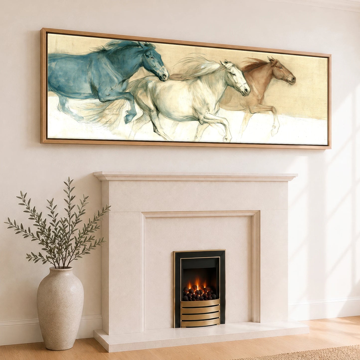 The Three Strides Horse Landscape panoramic canvas wall art displayed above a fireplace
