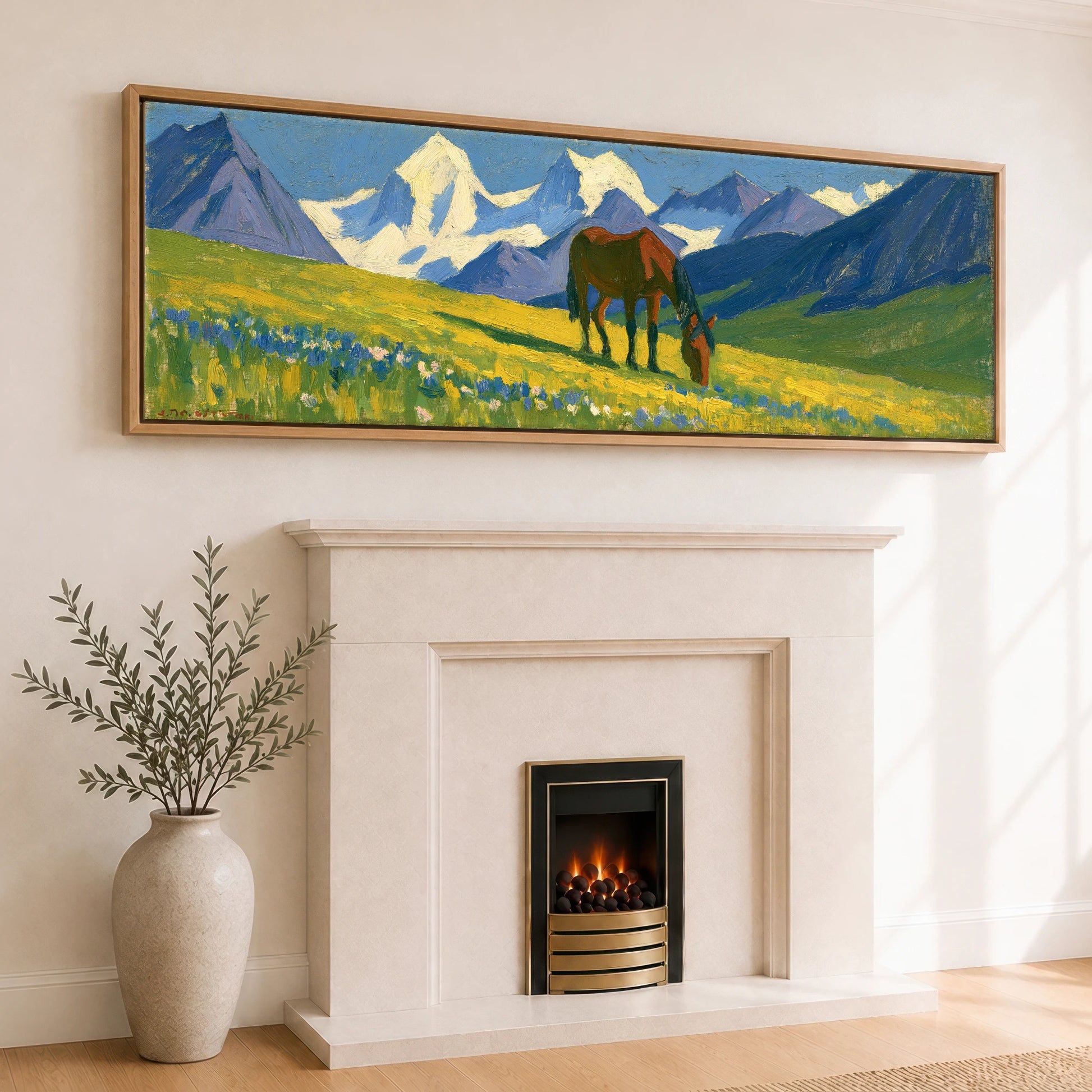 Vibrant Mountain Pasture Horse Landscape panoramic canvas wall art displayed above a fireplace