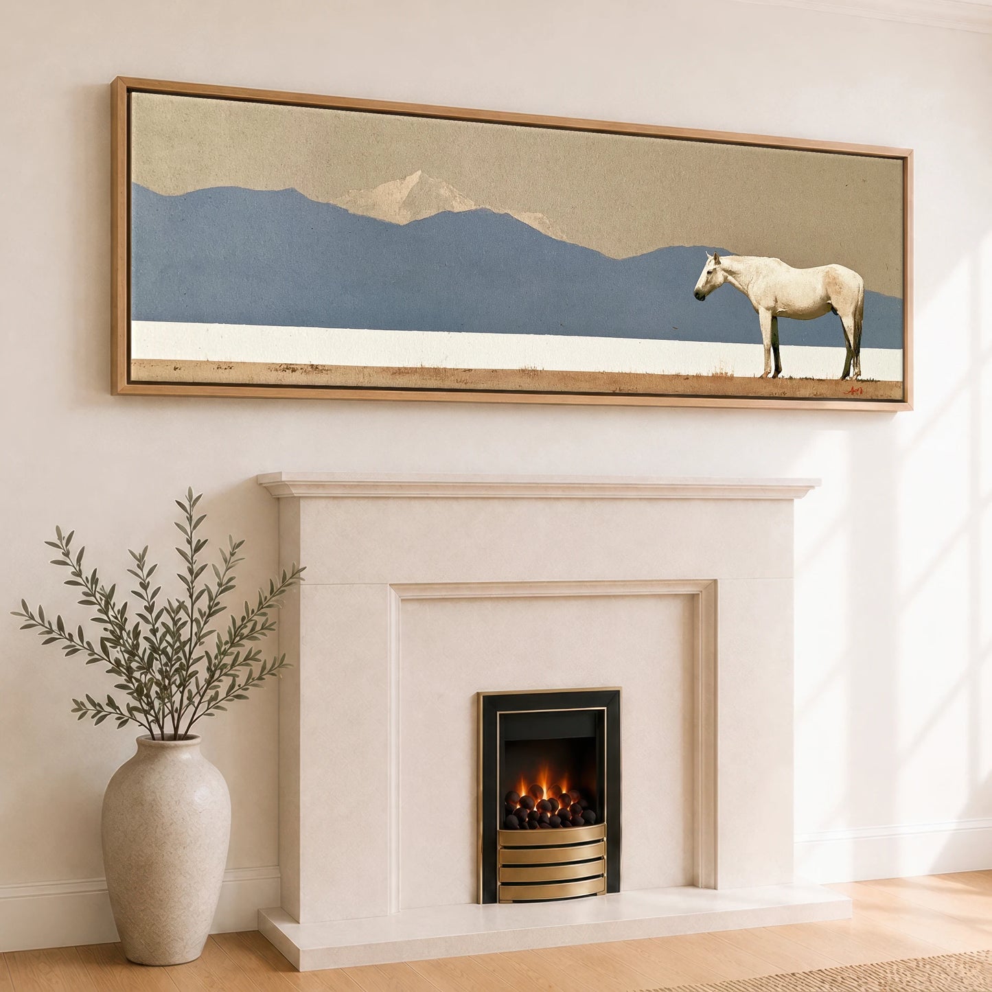 The Quiet Expanse Horse Landscape panoramic canvas wall art displayed above a fireplace