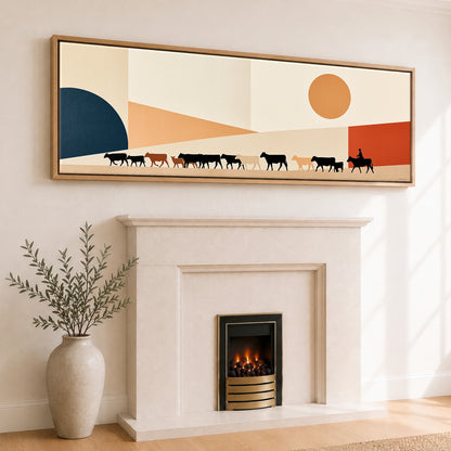 Mid-Century Cattle Drive Western Horse panoramic canvas wall art displayed above a fireplace