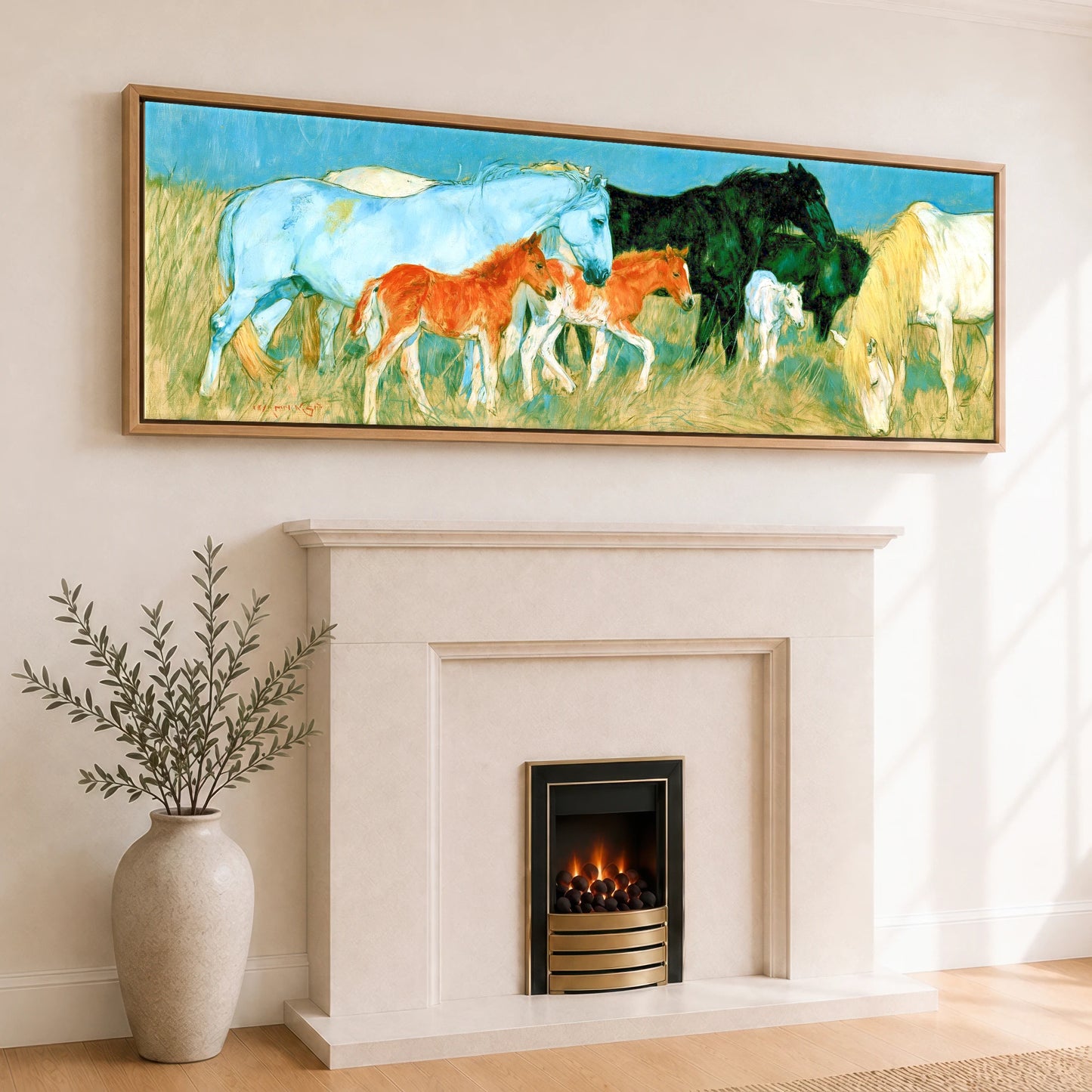 Vibrant Pasture Herd Mare & Foal panoramic canvas wall art displayed above a fireplace