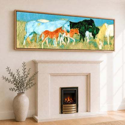 Vibrant Pasture Herd Mare & Foal panoramic canvas wall art displayed above a fireplace