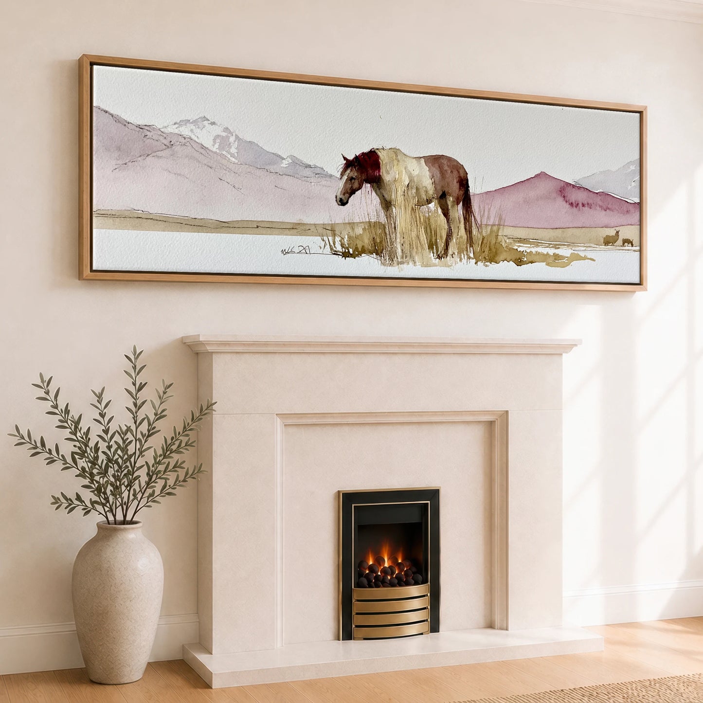 Quiet of the Range Horse Landscape panoramic canvas wall art displayed above a fireplace