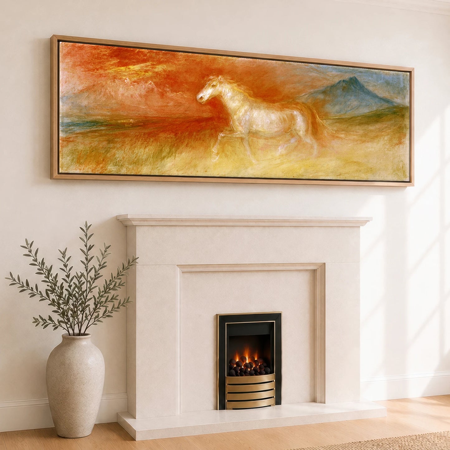 Luminous Spirit Horse Landscape panoramic canvas wall art displayed above a fireplace