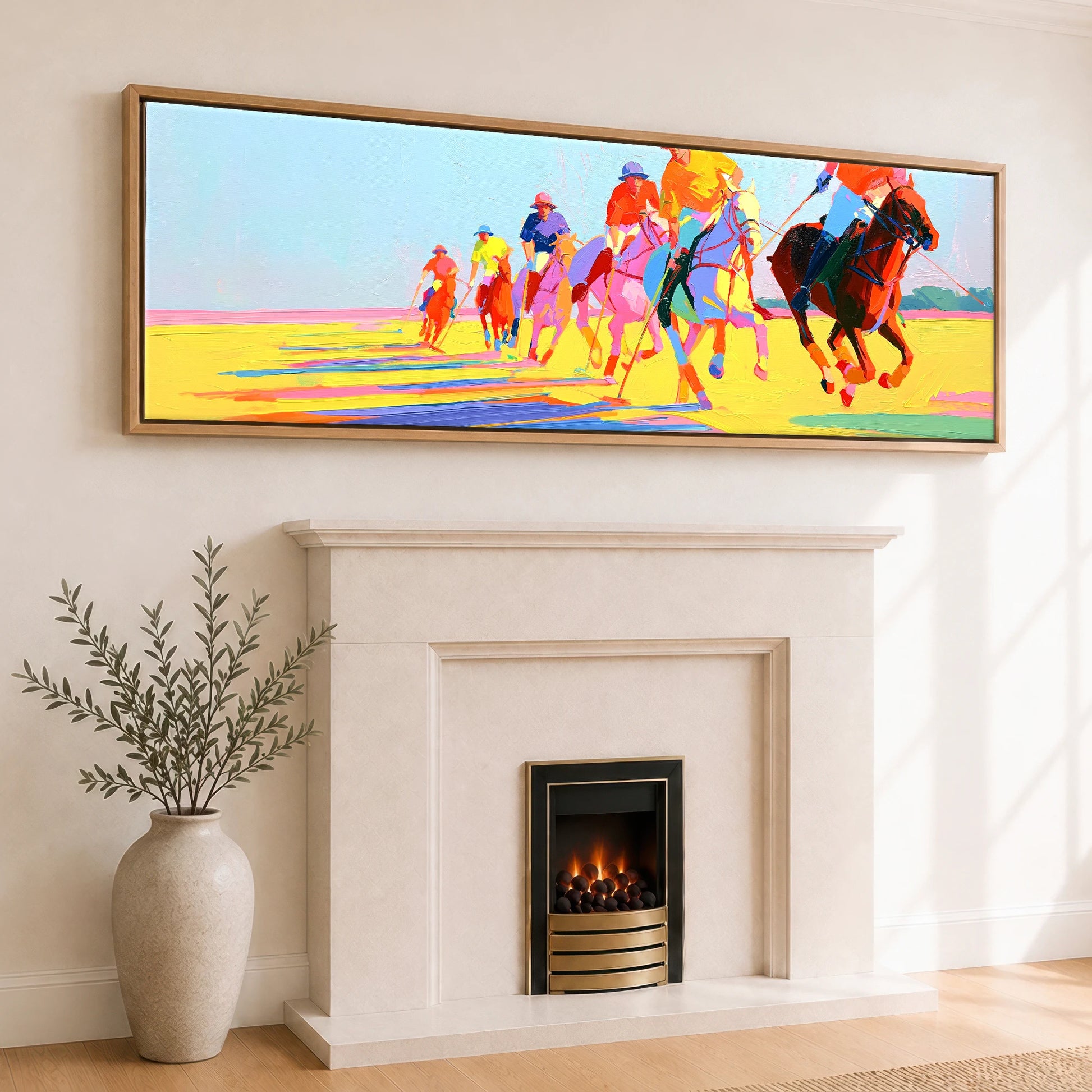 Technicolour Polo Charge Polo Horse panoramic canvas wall art displayed above a fireplace