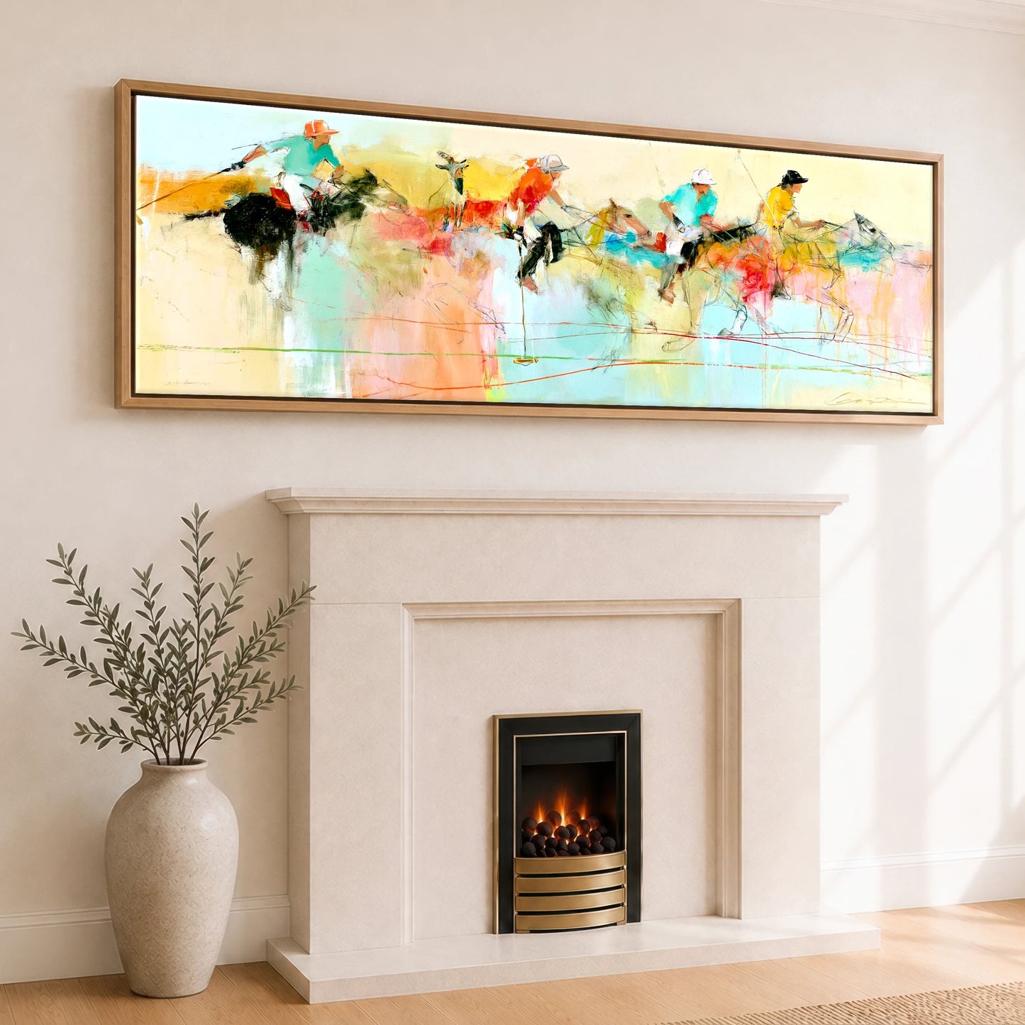 Vibrant Polo Pursuit Polo Horse panoramic canvas wall art displayed above a fireplace