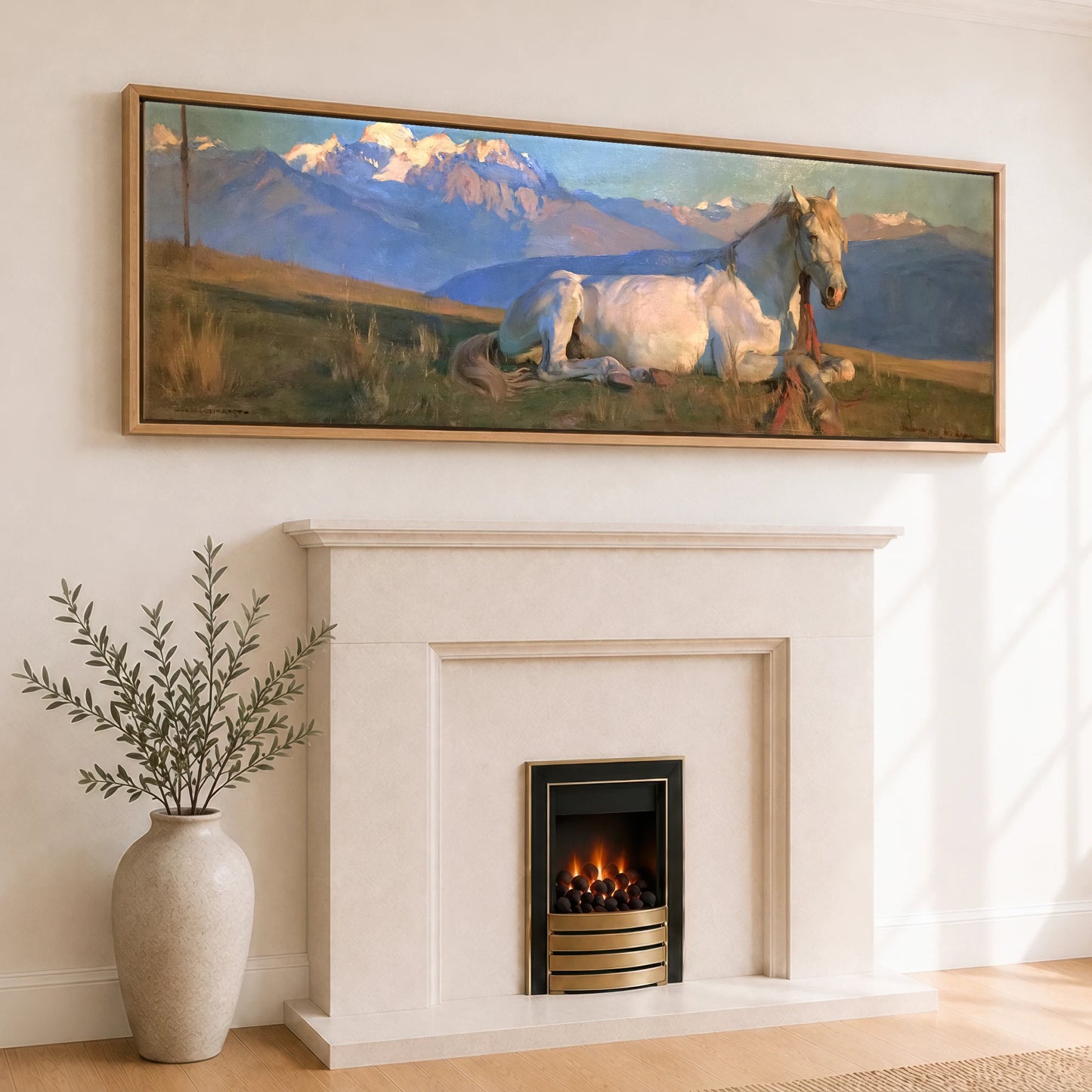 Alpine Slumber Horse Landscape panoramic canvas wall art displayed above a fireplace