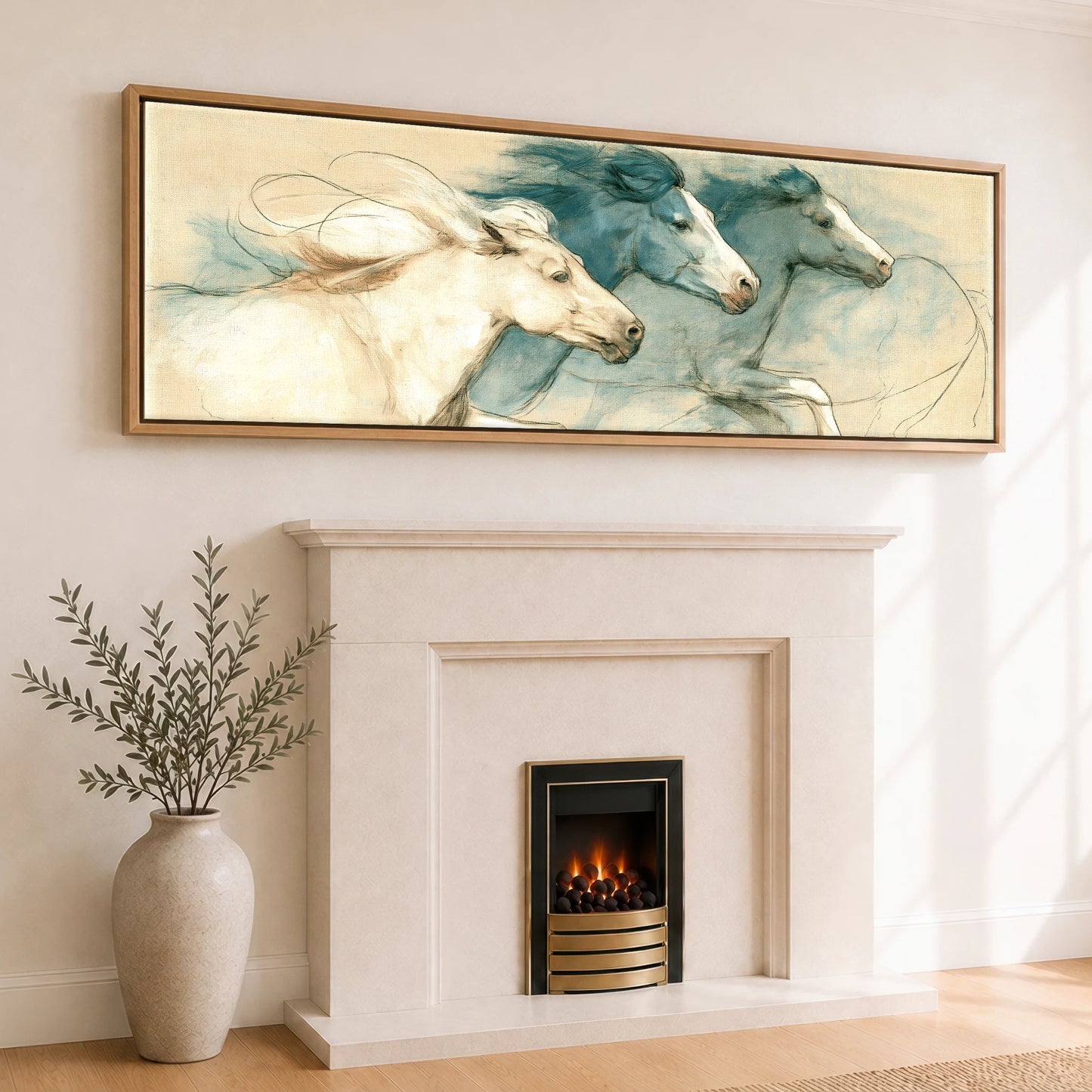 Azure Herd Study Horse Landscape panoramic canvas wall art displayed above a fireplace