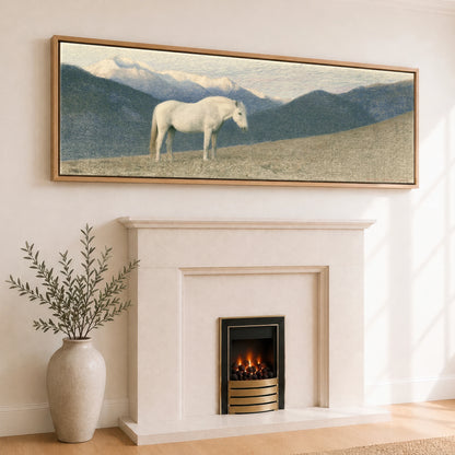Highland Stillness Horse Landscape panoramic canvas wall art displayed above a fireplace