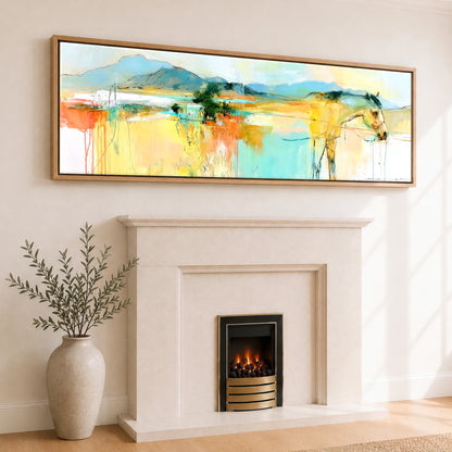 Vibrant Equine Horizon Horse Landscape panoramic canvas wall art displayed above a fireplace