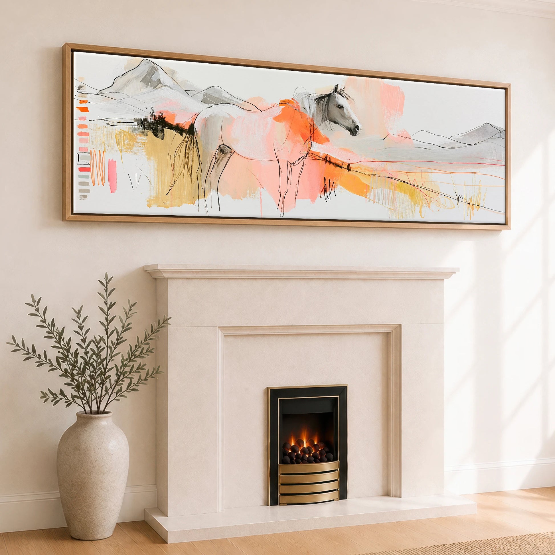 Painted Sunset Wanderer Horse Landscape panoramic canvas wall art displayed above a fireplace