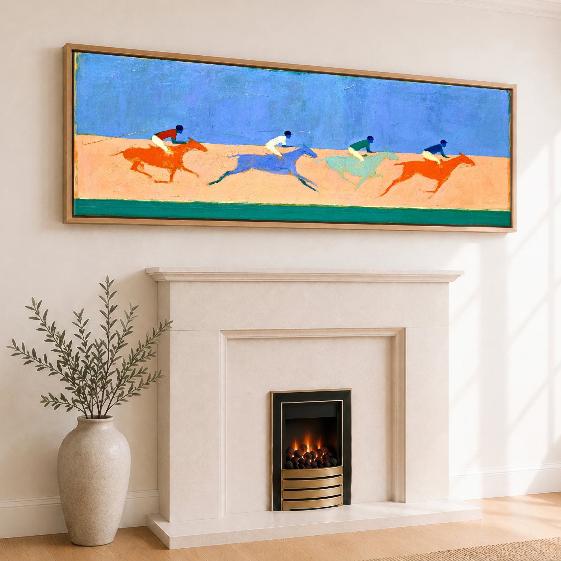 Colours of the Chukka Polo Horse panoramic canvas wall art displayed above a fireplace