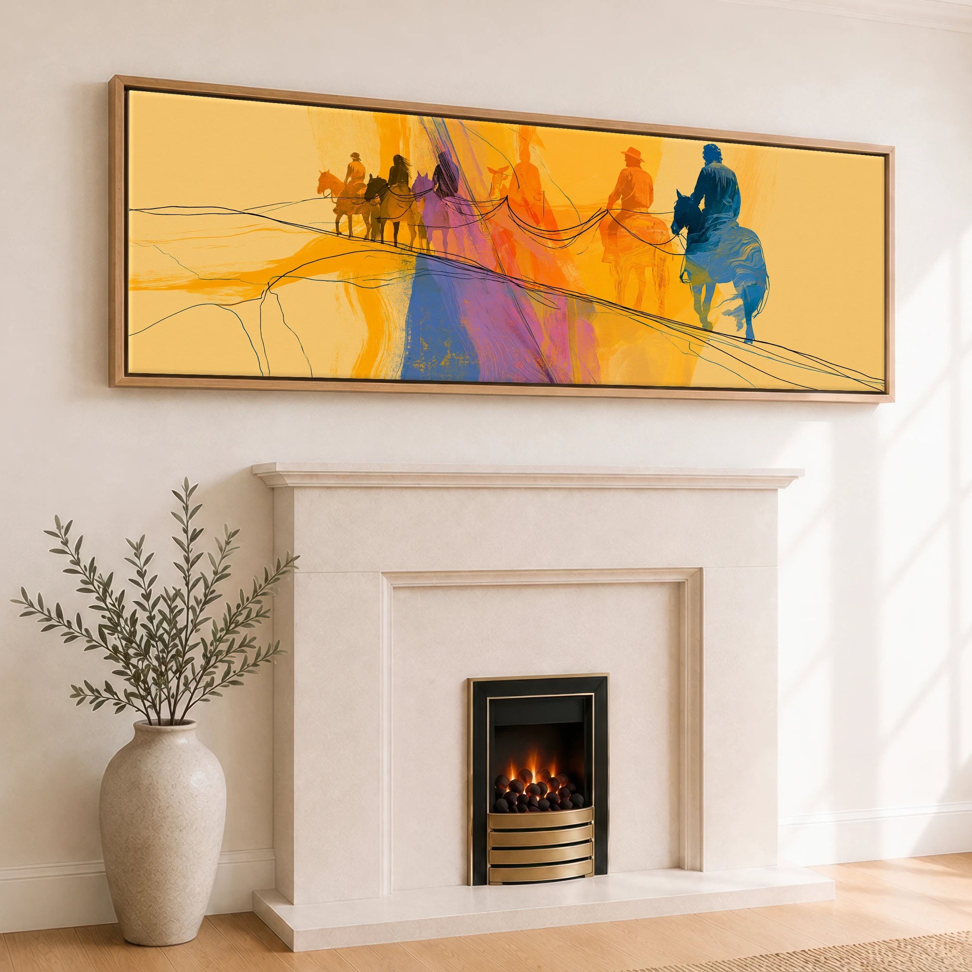Vivid Horizon Horse & Rider panoramic canvas wall art displayed above a fireplace