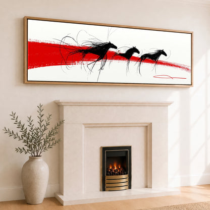 The Crimson Gallop Wild Horses panoramic canvas wall art displayed above a fireplace