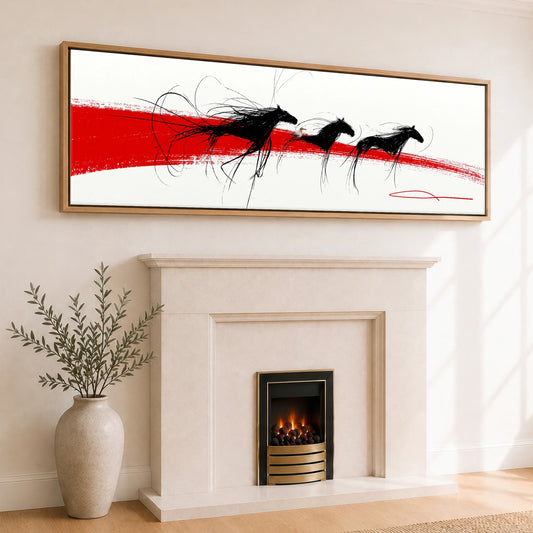 The Crimson Gallop Wild Horses panoramic canvas wall art displayed above a fireplace