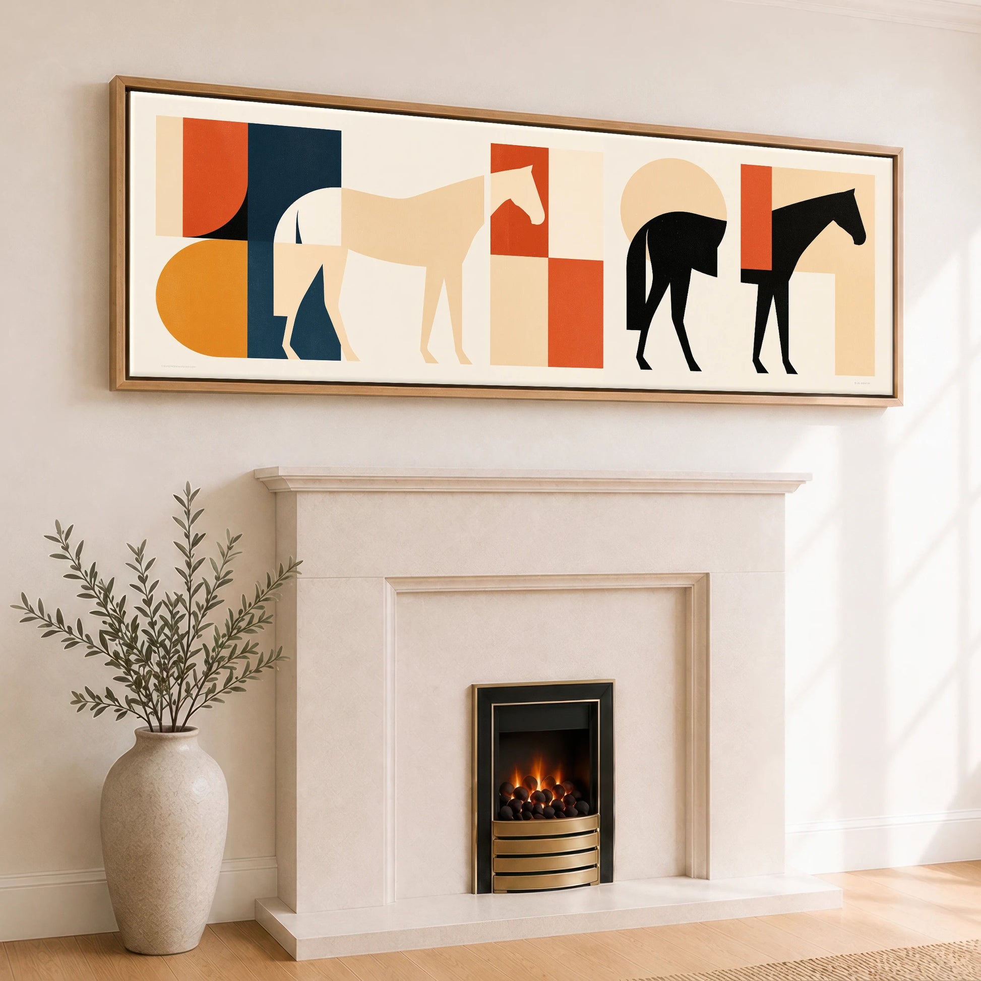 Abstract Equine Geometry Horse Landscape panoramic canvas wall art displayed above a fireplace