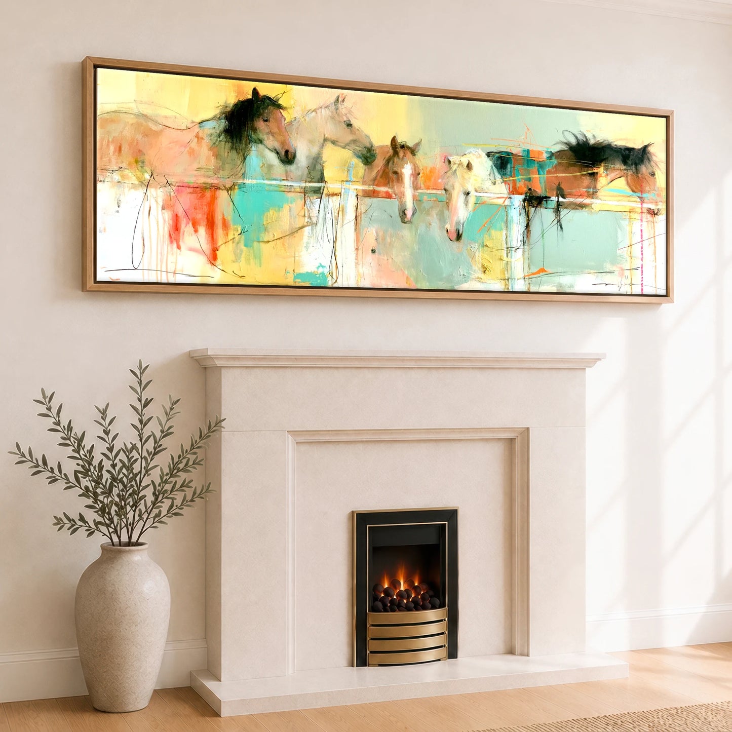 Over the Rail Horse Stable panoramic canvas wall art displayed above a fireplace