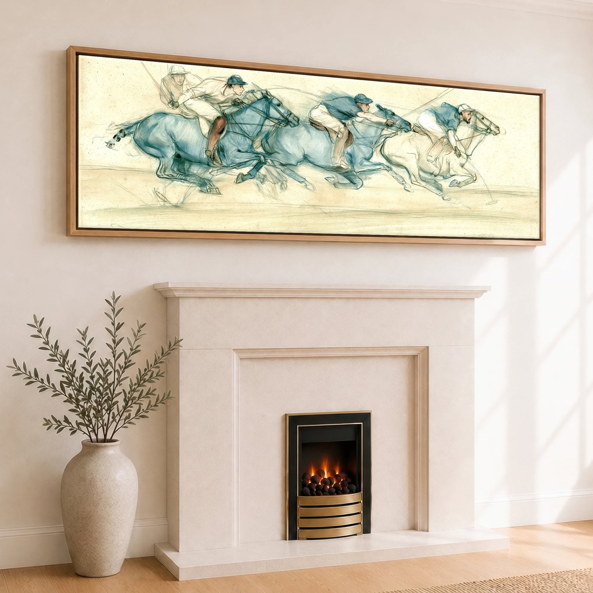 The Blue Chukka Polo Horse panoramic canvas wall art displayed above a fireplace