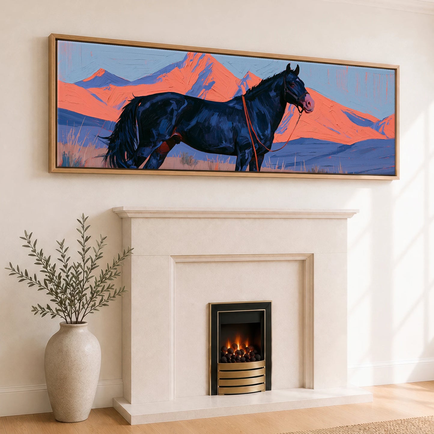 Coral Peaks and Indigo Horse Landscape panoramic canvas wall art displayed above a fireplace