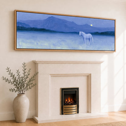 Solitary Grey Under Moonlight Horse Landscape panoramic canvas wall art displayed above a fireplace