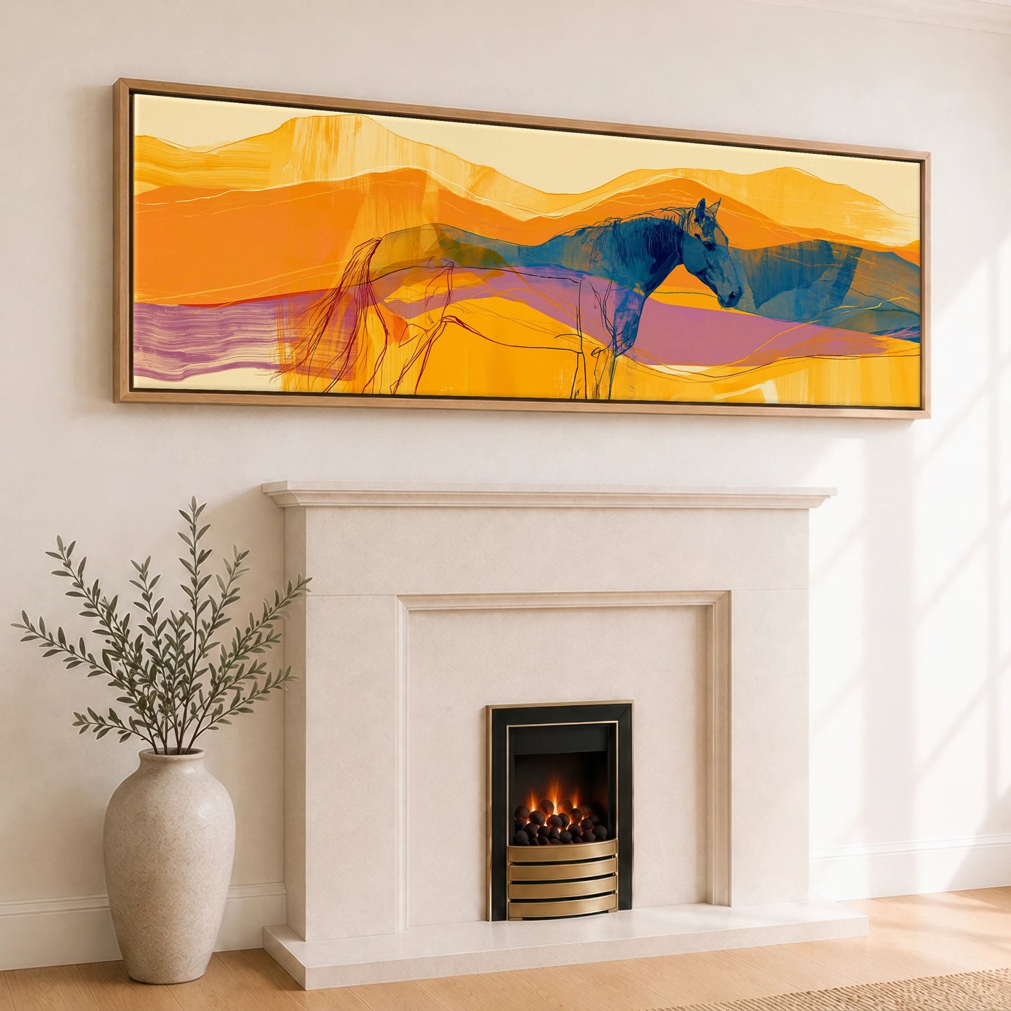 Cobalt and Amber Horizons Horse Landscape panoramic canvas wall art displayed above a fireplace
