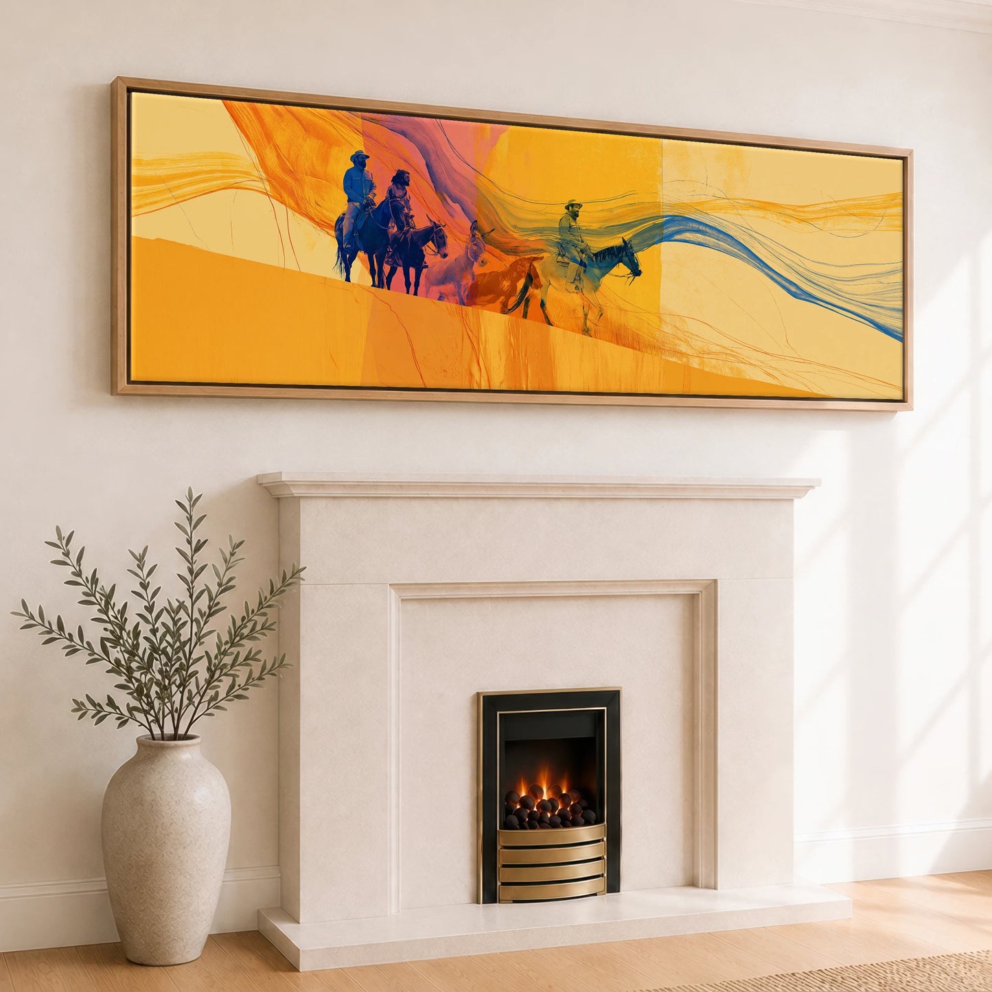 Riding the Horizon Horse & Rider panoramic canvas wall art displayed above a fireplace