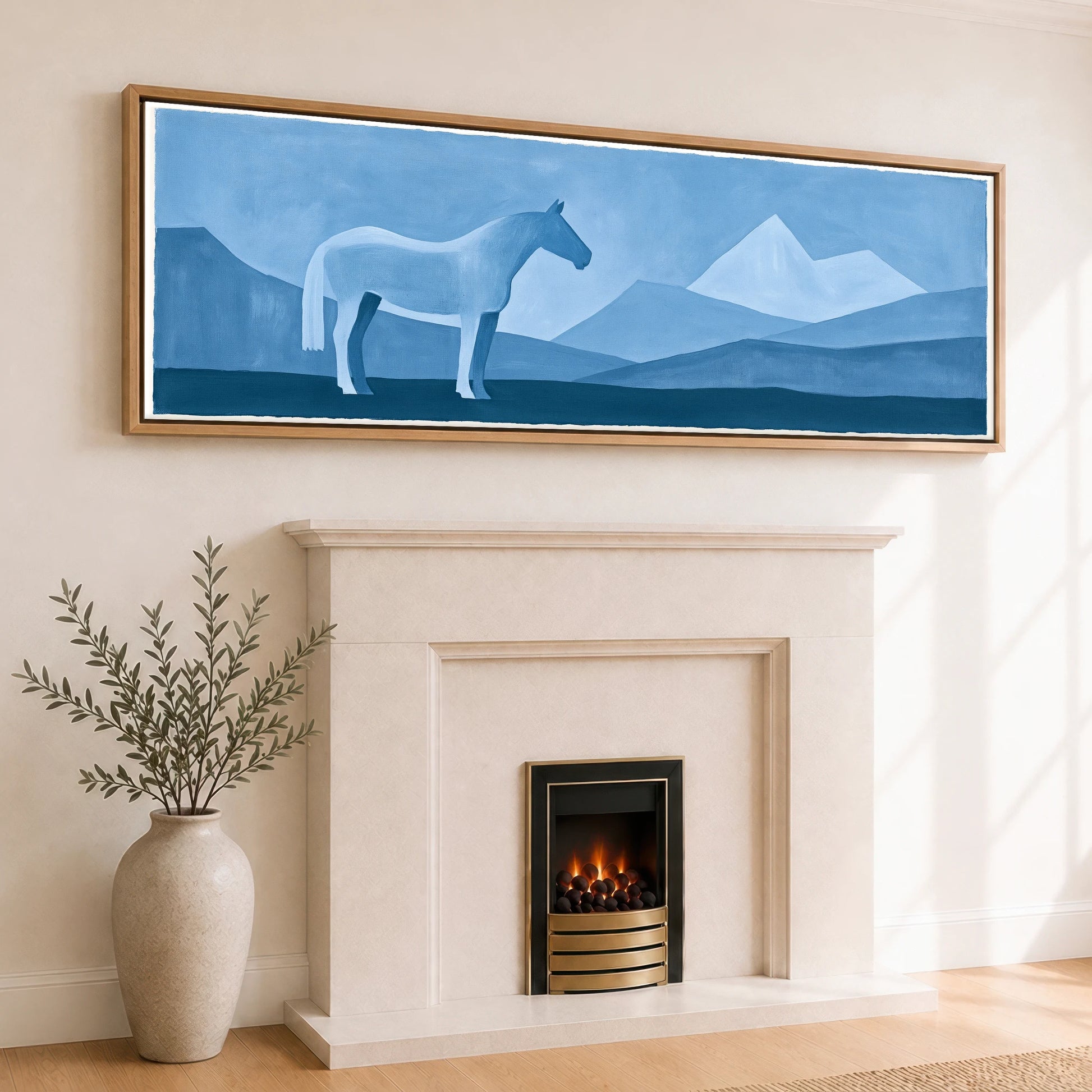 Azure Mountain Stillness Horse Landscape panoramic canvas wall art displayed above a fireplace