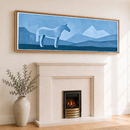 Azure Mountain Stillness Horse Landscape panoramic canvas wall art displayed above a fireplace
