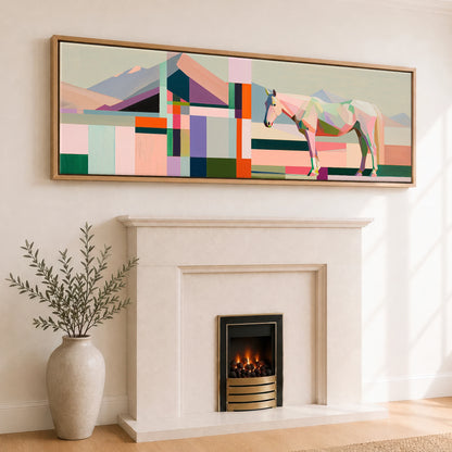 Faceted Equine Horizon Horse Landscape panoramic canvas wall art displayed above a fireplace