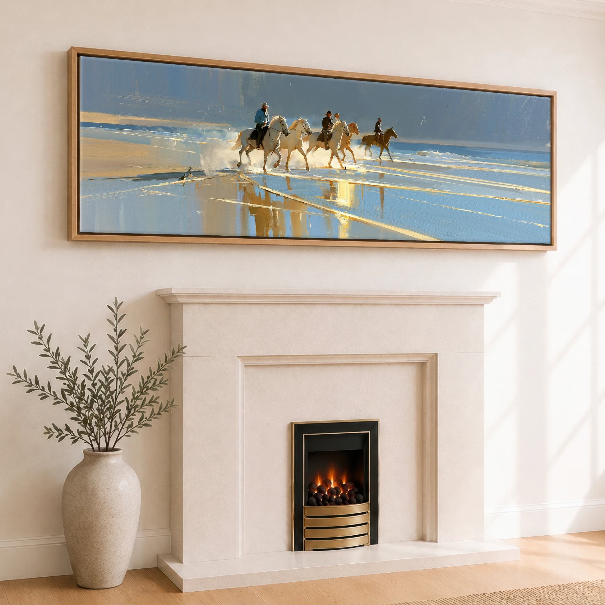 Sunlit Shoreline Ride Beach Horse panoramic canvas wall art displayed above a fireplace