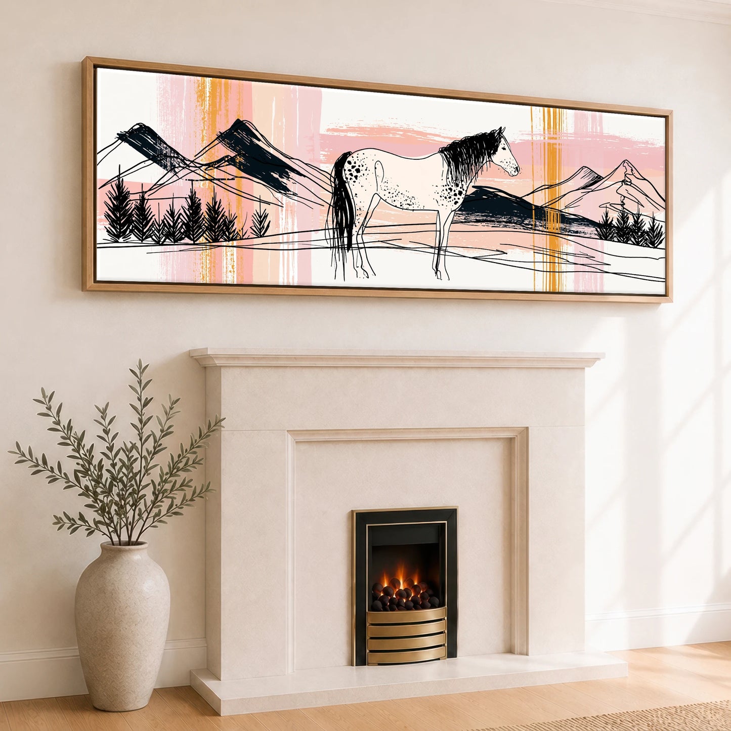 Abstract Appaloosa Landscape Horse Landscape panoramic canvas wall art displayed above a fireplace